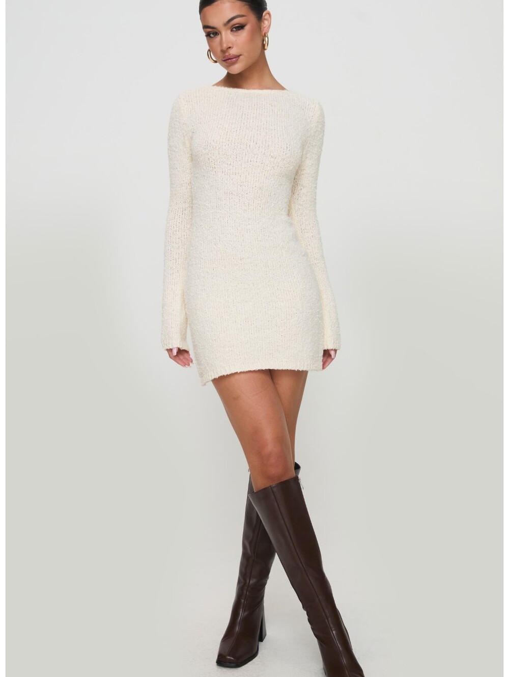 Princess Polly Cosy Up Boucle Sheer Mini Dress Cream Long Sleeve US 4 NWT